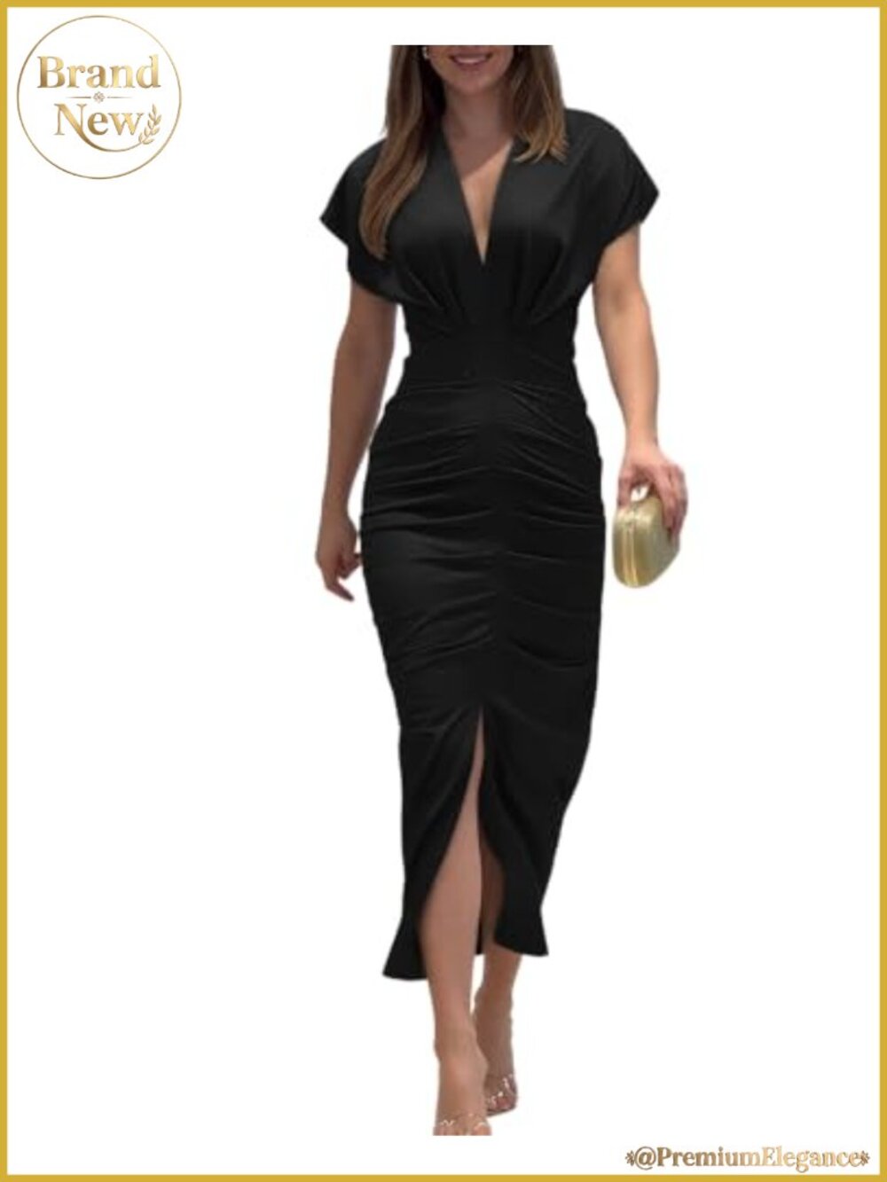 Floral V-Neck Ruched Midi Dress with Side Slit for Women - Picture 1 of 6
